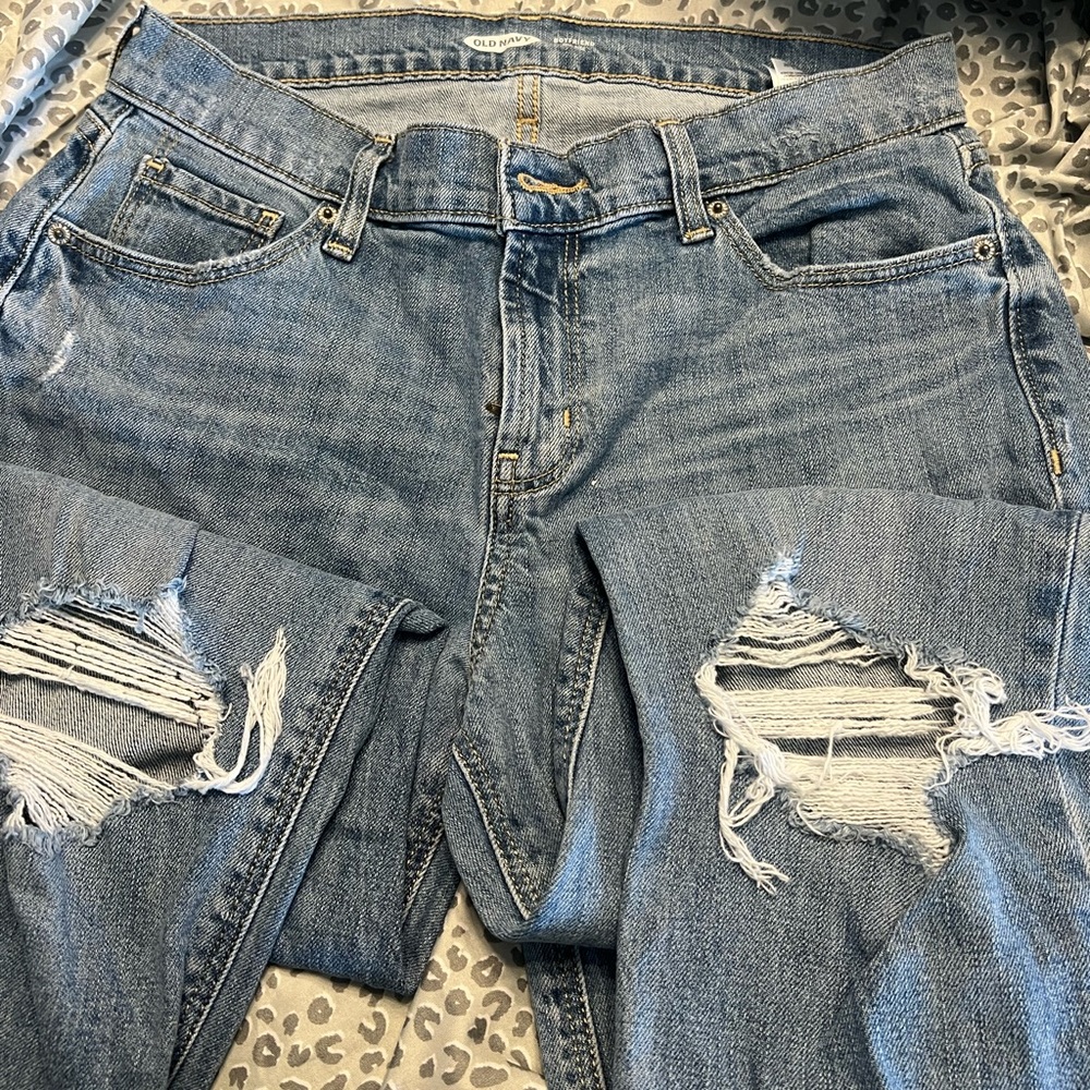 Old Navy mid-rise light wash boyfriend jeans with distressed knees